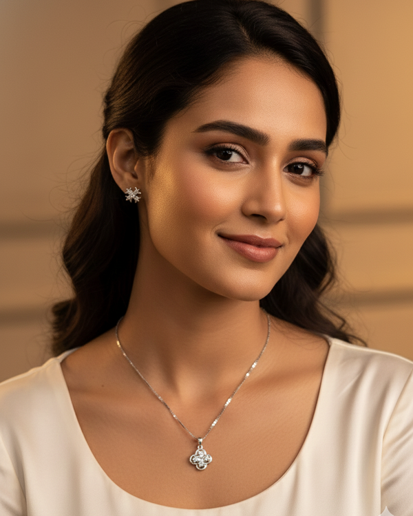 CZ Stones studded Silver 925 Pendent Set includes Pendent, Chain and Earrings