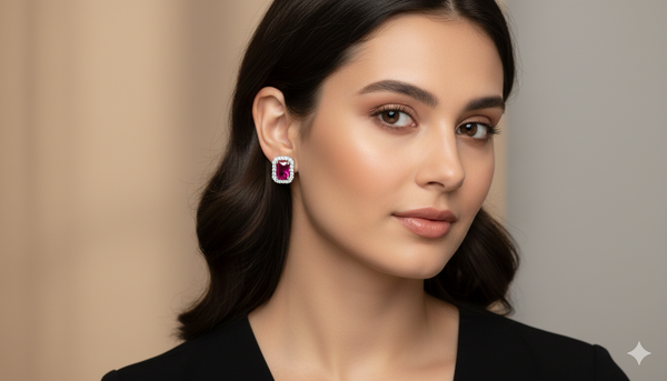 Pink Solitaire and CZ Stones studded Silver 925 Pendent Set includes Pendent, Chain and Earrings