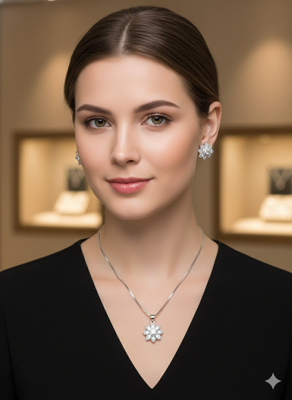 Woman wearing a necklace and earrings in a jewelry store setting