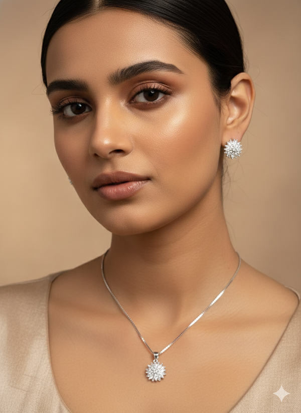 Woman wearing diamond necklace and earrings against a beige background