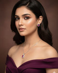 Pink Solitaire and CZ Stones studded Silver 925 Pendent Set includes Pendent, Chain and Earrings