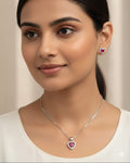 Pink Heart Shaped Solitaire and CZ Stones studded Silver 925 Pendent Set includes Pendent, Chain and Earrings