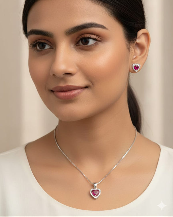 Pink Heart Shaped Solitaire and CZ Stones studded Silver 925 Pendent Set includes Pendent, Chain and Earrings