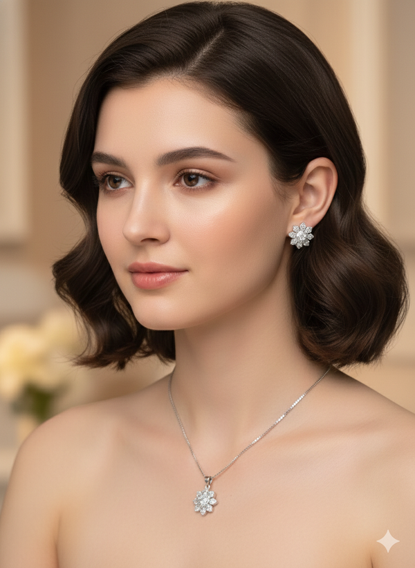 Woman wearing a silver necklace and earrings with a blurred background
